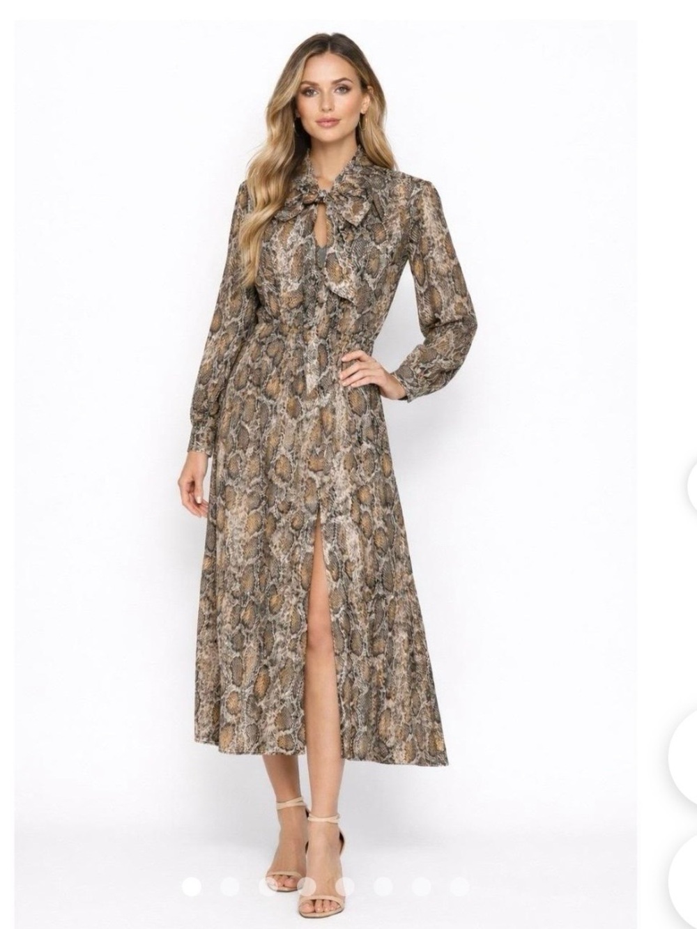 Zara Neutral Snake-Print Tie-Neck Long-Sleeve Maxi Dress